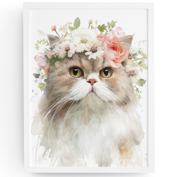 Watercolor Ragdoll Cat with Flower Crown Wall Art Print Unframed - Picture 1 of 7